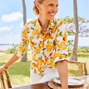 Talbots Citrus-Print Button Front Shirt in Orange and Green Size M